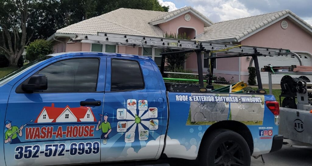 Wash A House Pressure Washing truck at a roof cleaning in Ocala Fl